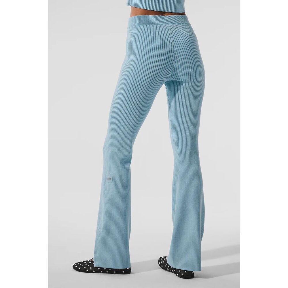 Alo Yoga Denim Knit Ribbed Flare Light Celestial Blue Leggings Pants Size Small